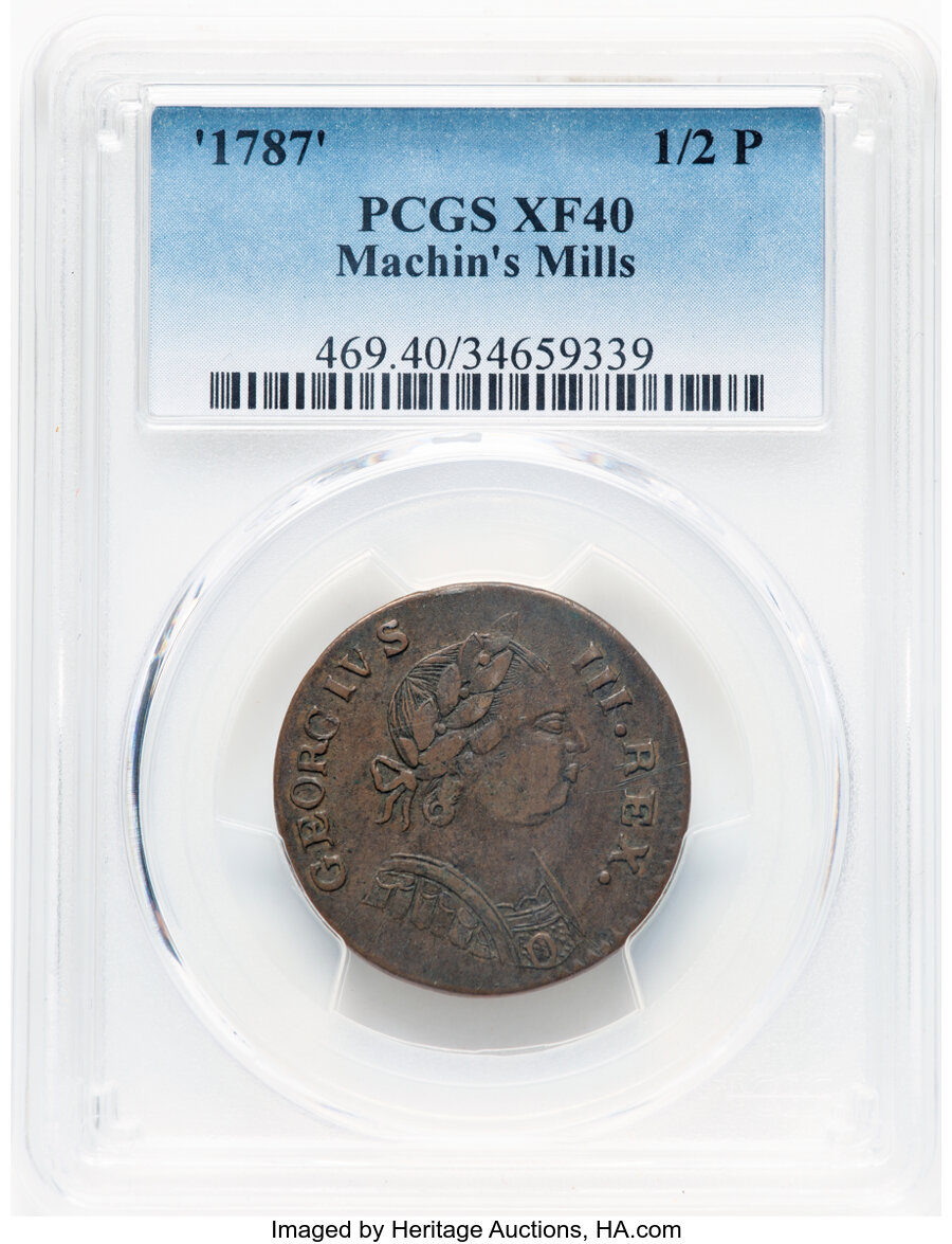 image for: '1787' 1/2 P Machin's Mills Halfpenny, Vlack 19-87C, W-7940, R.2, XF40 PCGS....