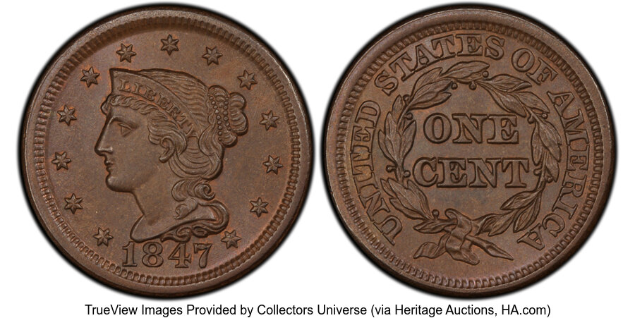 image for: 1847 1C N-14, High R.3, MS64 Brown PCGS.  Mintage 6,183,669....