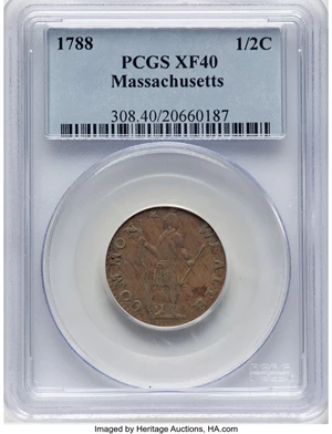 image for: 1788 1/2 C Massachusetts Half Cent, Ryder 1-B, W-6010, R.2, XF40 PCGS....