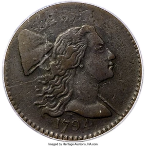 image for: 1794 1C Head of 1794, S-56, B-48, R.3, VF30 PCGS. The dies were misaligned when this cent was struck, and as a result LIBER...