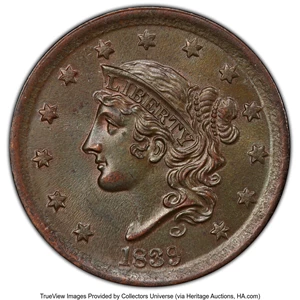 image for: 1839 1C Silly Head, N-4, R.1, MS64 Brown PCGS. Ex: Dr. Tom Wachtel Collection. PCGS Population: (2/5). Mintage 3,128,661....