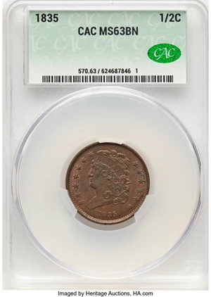 image for: 1835 1/2 C C-1, B-1, R.1, MS63 Brown CACG. Mintage 398,000....