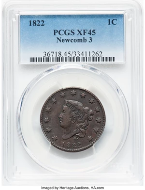 image for: 1822 1C N-3, R.2, XF45 PCGS. PCGS Population: (1/9). Mintage 2,072,339. ...