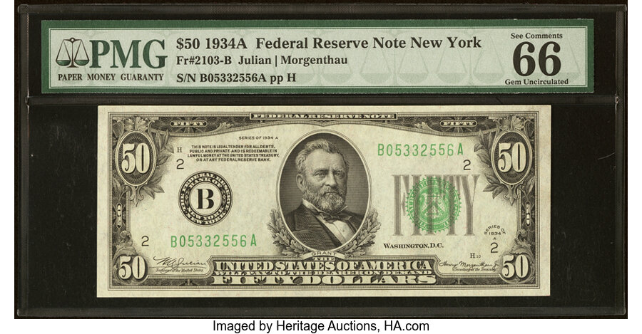 image for: Fr. 2103-B $50 1934A Federal Reserve Note. PMG Gem Uncirculated 66 EPQ....