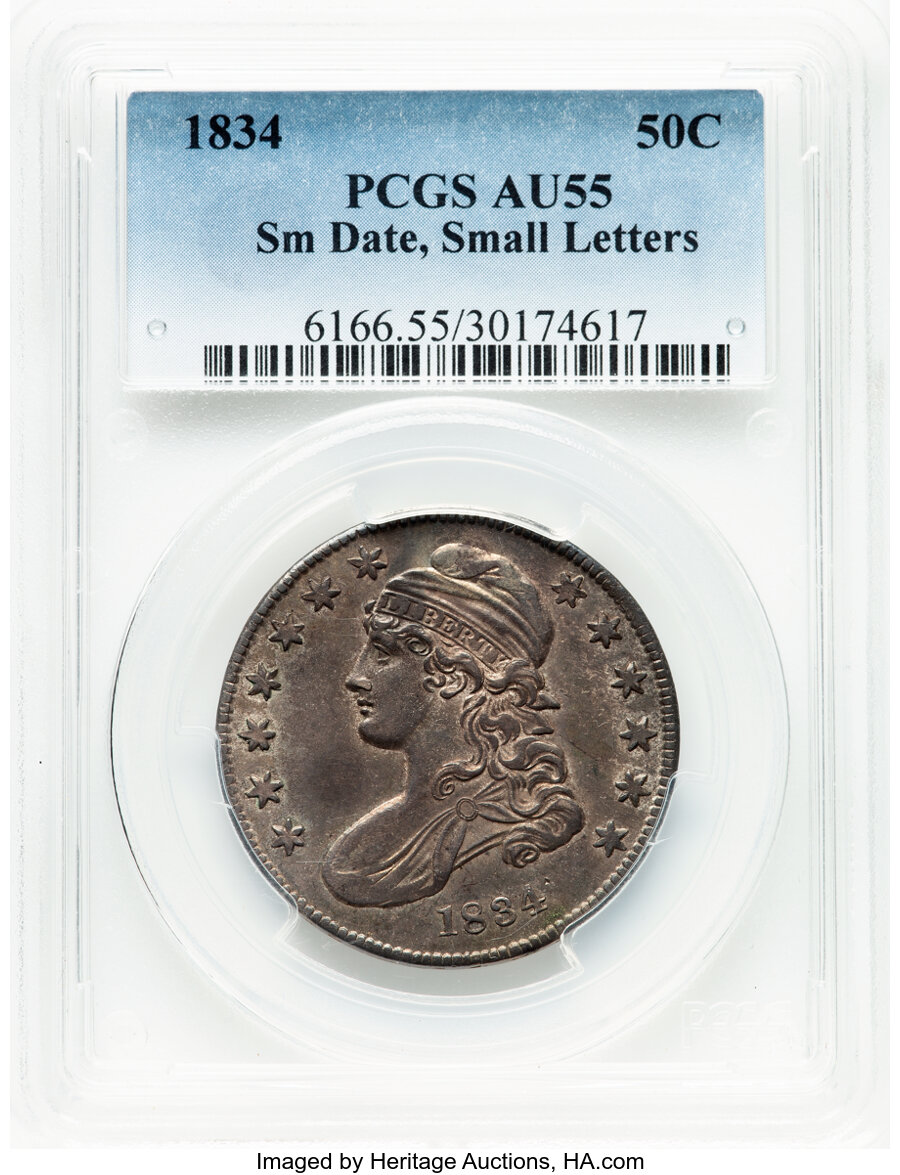 image for: 1834 50C Small Date, Small Letters, O-114, R.1, AU55 PCGS....