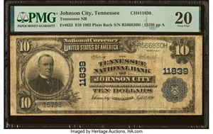 image for: Johnson City, TN - $10 1902 Plain Back Fr. 633 Tennessee National Bank Ch. # 11839 PMG Very Fine 20....