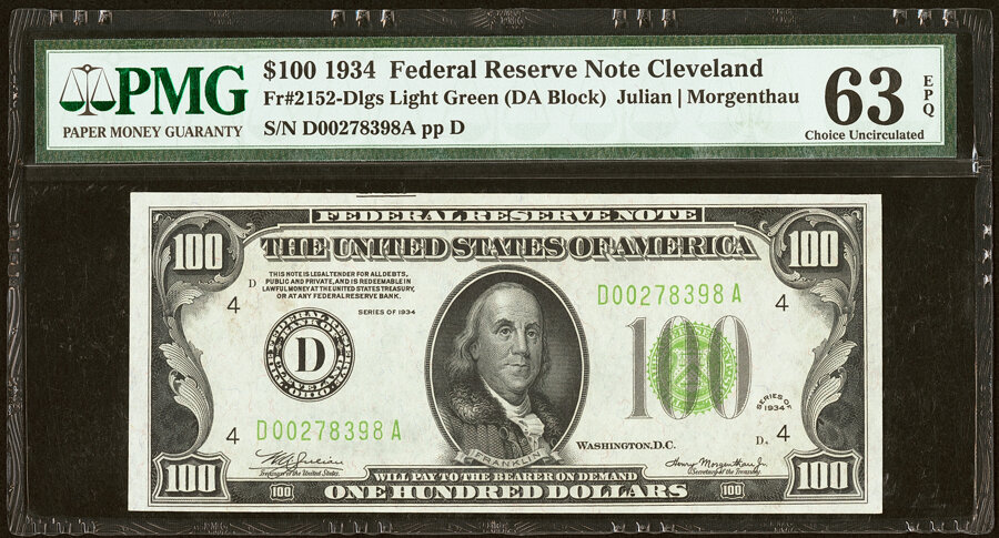 image for: Fr. 2152-D $100 1934 Light Green Seal Federal Reserve Note. PMG Choice Uncirculated 63 EPQ....