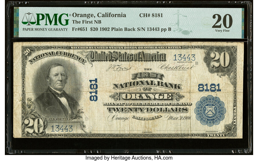 image for: Orange, CA - $20 1902 Plain Back Fr. 651 The First National Bank Ch. # 8181 PMG Very Fine 20....