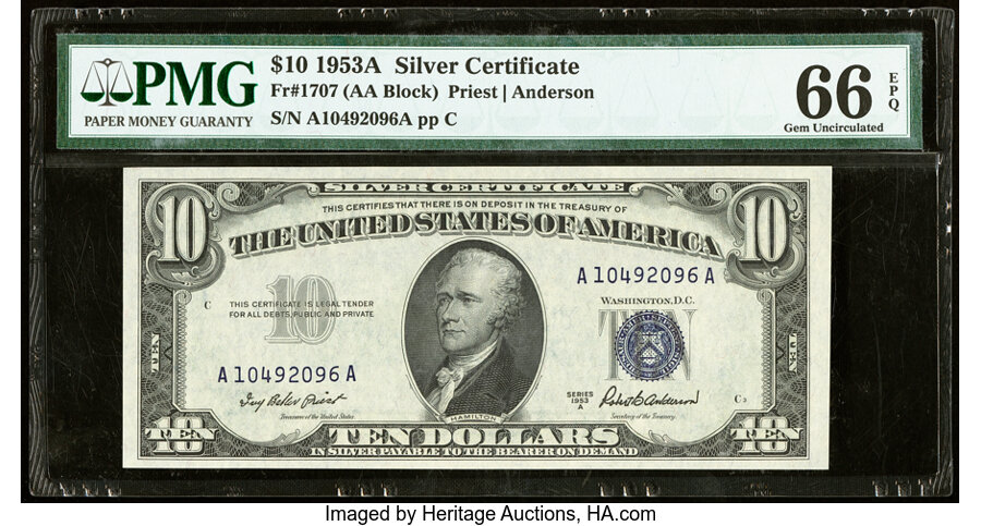 image for: Fr. 1707 $10 1953A Silver Certificate. PMG Gem Uncirculated 66 EPQ....