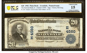 image for: Avondale, PA - $20 1902 Plain Back Fr. 653 The National Bank of Avondale Ch. # (E)4560 PCGS Banknote Choice Fine 15....