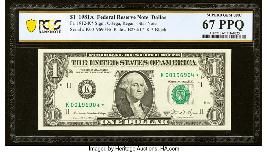 image for: Fr. 1912-K* $1 1981A Federal Reserve Star Note. PCGS Banknote Superb Gem Unc 67 PPQ....