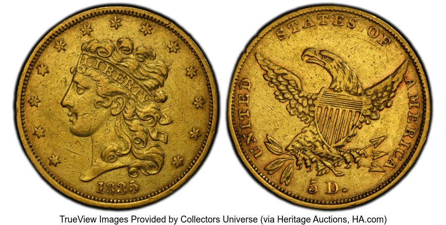 image for: 1835 $5 HM-2, R.3, XF45 PCGS.  Mintage 371,534....