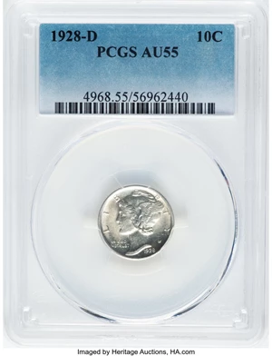 image for: 1928-D 10C AU55 PCGS. PCGS Population: (37/189). Mintage 4,161,000. ...