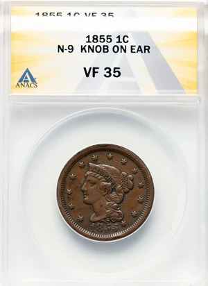 image for: 1855 1C Slanted 55, Knob on Ear, N-9, R.1, VF35 ANACS. Mintage 1,574,829....