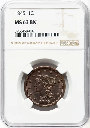 image for: 1845 1C N-9, R.2, MS63 Brown NGC. NGC Census: (26/32). Mintage 3,894,804....