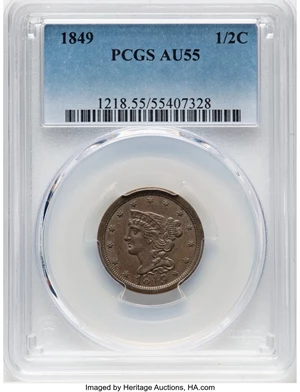 image for: 1849 1/2 C Large Date, C-1, B-4, R.2, AU55 PCGS. Mintage 39,864....