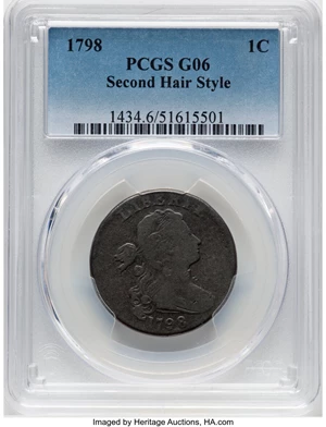 image for: 1798 1C Second Hair Style, S-172, B-34, R.2, Good 6 PCGS. PCGS Population: (35/627)....