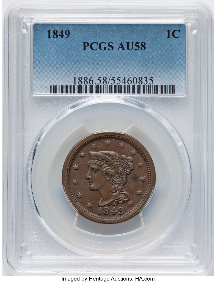 image for: 1849 1C N-26, High R.3, AU58 PCGS.  Mintage 4,178,500....