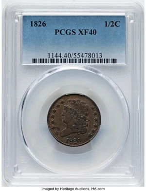 image for: 1826 1/2 C C-1, B-1, R.1, XF40 PCGS. PCGS Population: (91/381). Mintage 234,000....