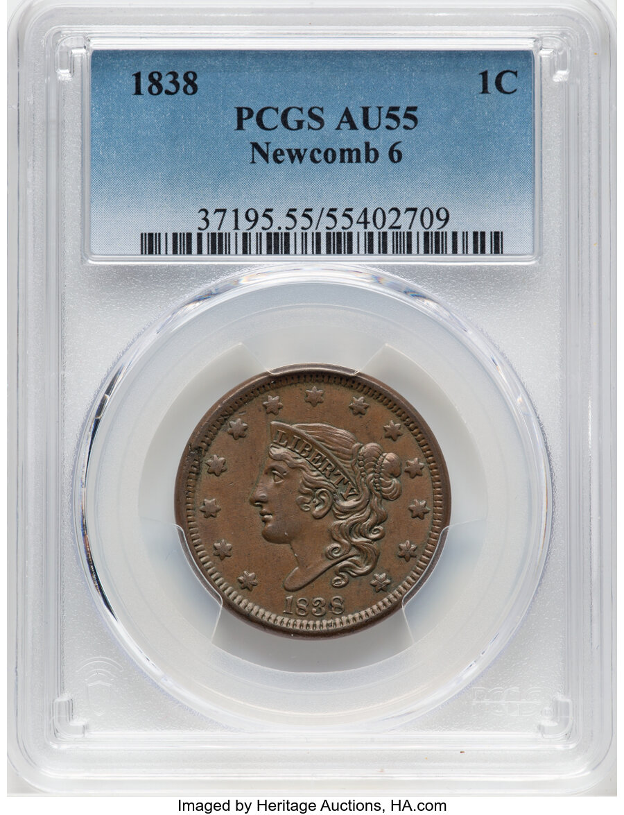 image for: 1838 1C N-6, R.1, AU55 PCGS. PCGS Population: (1/8).  Mintage 6,370,200....