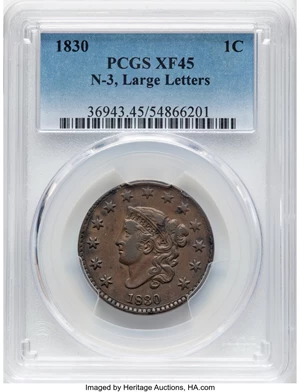 image for: 1830 1C Large Letters, N-3, R.3, XF45 PCGS. PCGS Population: (1/5). Mintage 1,711,500....