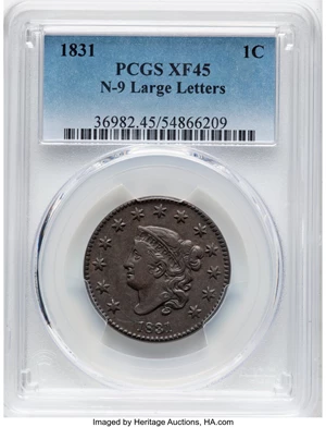 image for: 1831 1C Large Letters, N-9, R.2, XF45 PCGS. PCGS Population: (1/8). Mintage 3,359,260....