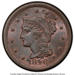 image for: 1846 1C Small Date, N-6, R.1, MS64 Brown PCGS. Mintage 4,120,800....