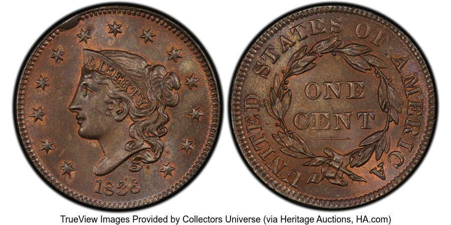 image for: 1836 1C N-3, R.1, MS64 Brown PCGS. PCGS Population: (17/7). Mintage 2,111,000....
