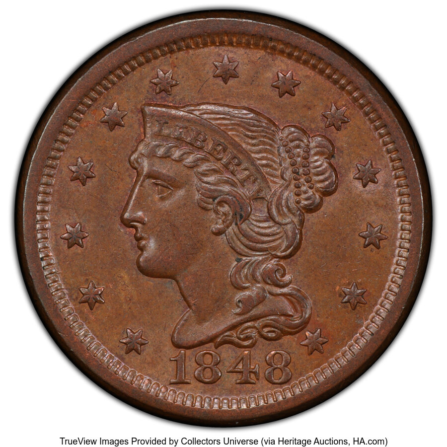 image for: 1848 1C N-21, High R.3, MS63 Brown PCGS. Mintage 6,415,799....