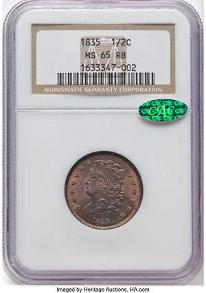 image for: 1835 1/2 C C-1, B-1, R.1, MS65 Red and Brown NGC. CAC. CAC Population: (22/1). Mintage 398,000....