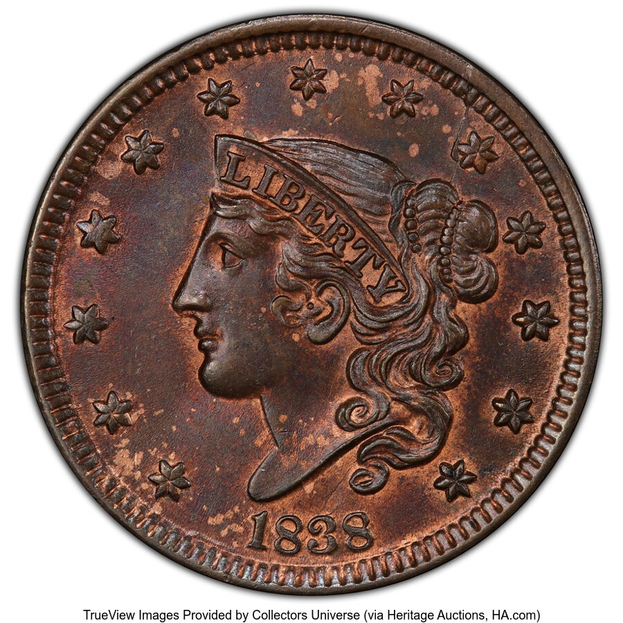 image for: 1838 1C N-4, R.2, MS65 Brown PCGS. CAC. CAC Population: (36/10). Mintage 6,370,200....