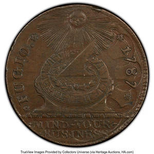 image for: 1787 1C Fugio Cent, UNITED STATES, 4 Cinquefoils, N. 11-B, W-6785, R.4, AU55 PCGS. Struck from heavily clashed dies, althou...