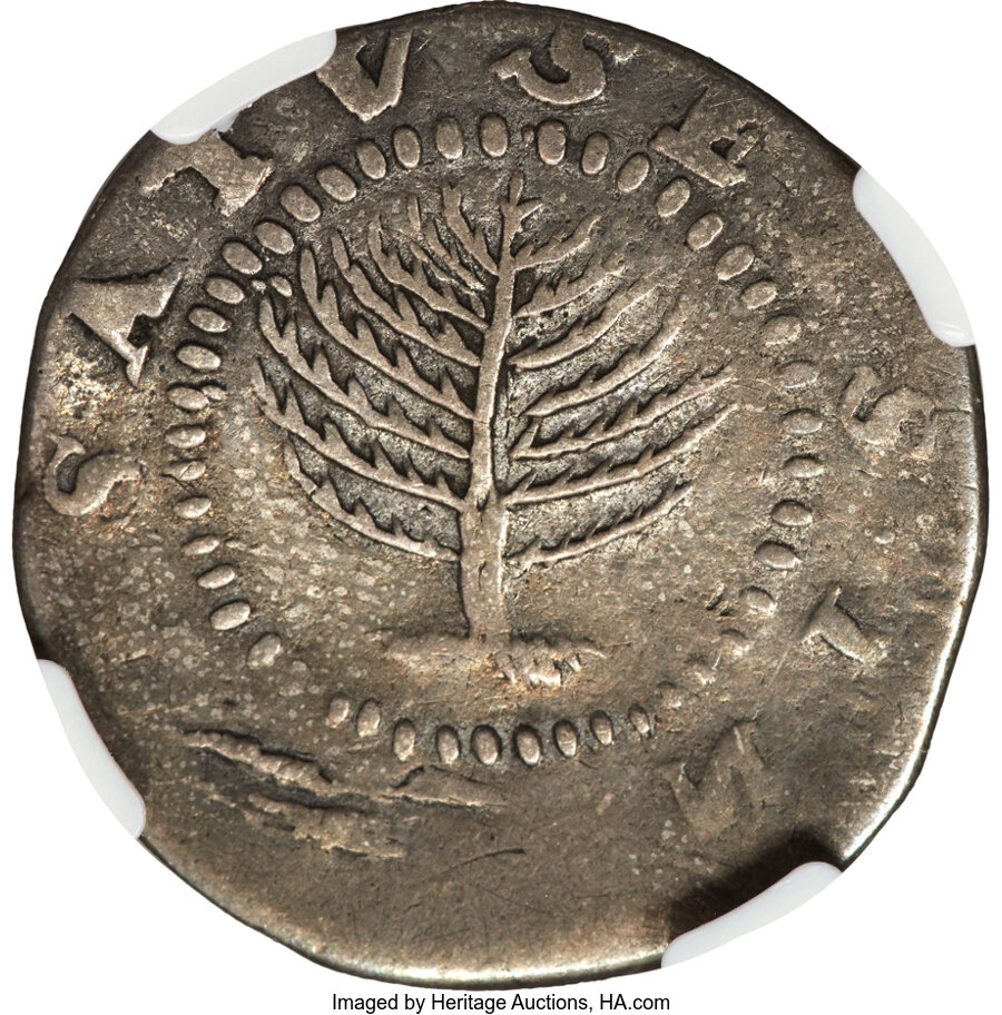 image for: 1652 Pine Tree Shilling, Large Planchet, No H in MASATUSETS, 'N' Reversed, Noe-11, W-760, Salmon 9-F, R.4, VF20 NGC. 69.9 gr...