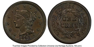 image for: 1845 1C N-4, R.1, MS62 Brown PCGS. PCGS Population: (2/7). Mintage 3,894,804....