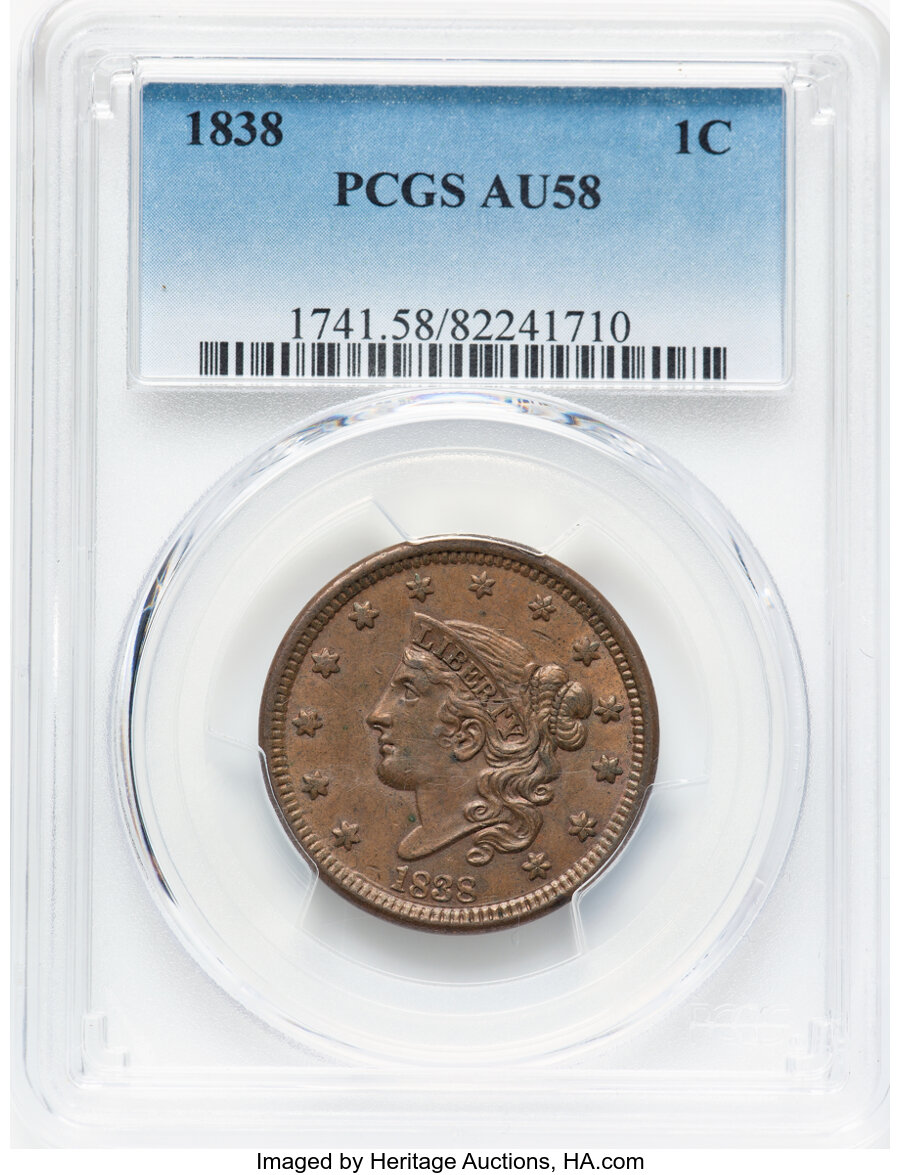 image for: 1838 1C N-4, R.2, AU58 PCGS. Mintage 6,370,200....