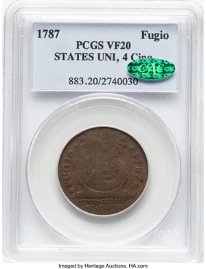 image for: 1787 Fugio Cent, STATES UNITED, 4 Cinquefoils, Pointed Rays, N. 18-U, W-6960, R.4, VF20 PCGS. CAC....
