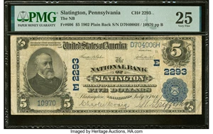 image for: Slatington, PA - $5 1902 Plain Back Fr. 606 The National Bank of Slatington Ch. # (E)2293 PMG Very Fine 25....