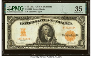 image for: Fr. 1172 $10 1907 Gold Certificate PMG Choice Very Fine 35....