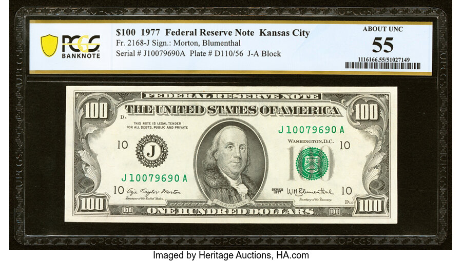 image for: Fr. 2168-J $100 1977 Federal Reserve Note. PCGS Banknote About Unc 55....