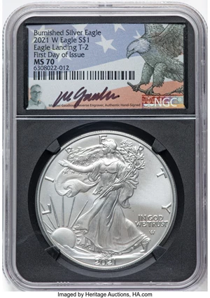 image for: 2021-W $1 Silver Eagle, Type Two, Burnished, First Day of Issue, MS70 NGC. Hand-signed, Michael Gaudioso....