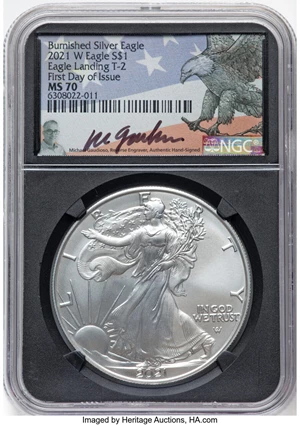 image for: 2021-W $1 Silver Eagle, Type Two, Burnished, First Day of Issue, MS70 NGC. Hand-signed, Michael Gaudioso....