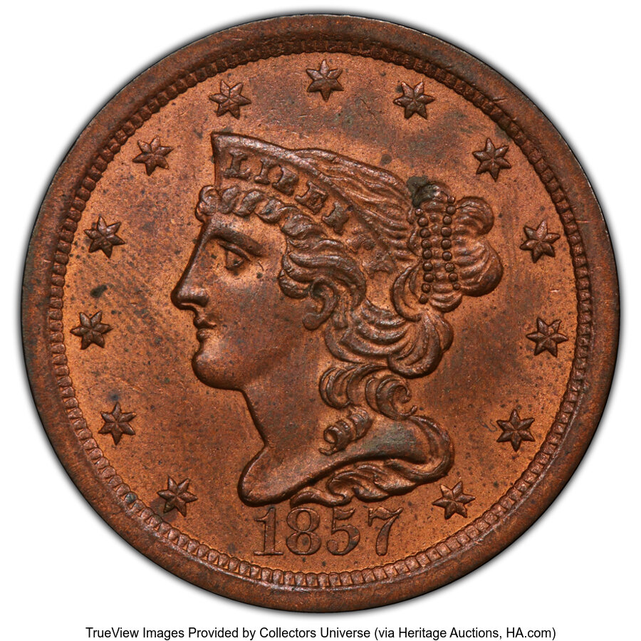 image for: 1857 1/2 C C-1, B-1, R.2, MS63 Red and Brown PCGS. PCGS Population: (100/58 and 0/0+).  Mintage 35,180....