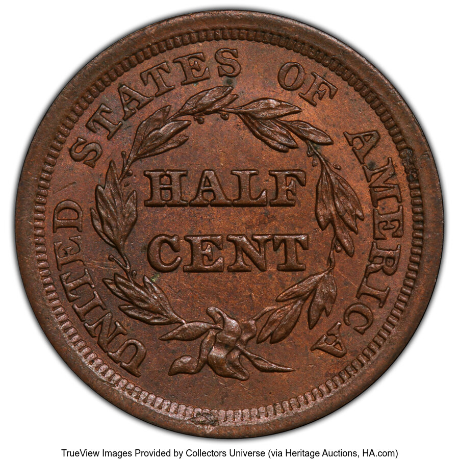 image for: 1857 1/2 C C-1, B-1, R.2, MS63 Red and Brown PCGS. PCGS Population: (100/58 and 0/0+).  Mintage 35,180....