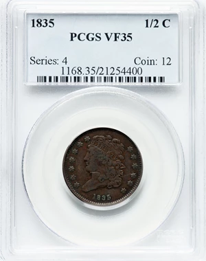 image for: 1835 1/2 C C-1, B-1, R.1, VF35 PCGS. Mintage 398,000....