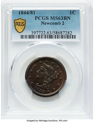 image for: 1844/81 1C N-2, R.2, MS63 Brown PCGS. Die State b. The date was first impressed upside down, then corrected. Featuring medi...