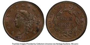 image for: 1834 1C Small 8, Large Stars, Medium Letters, N-2, R.1, MS63 Brown PCGS. PCGS Population: (5/5 and 0/0+)....