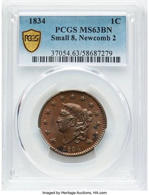 image for: 1834 1C Small 8, Large Stars, Medium Letters, N-2, R.1, MS63 Brown PCGS. PCGS Population: (5/5 and 0/0+)....