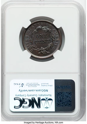 image for: 1843 1C Petite Head, Small Letters, N-15, High R.2, MS62 Brown NGC. Mintage 2,425,342....
