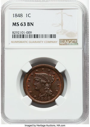 image for: 1848 1C N-10, R.3, MS63 Brown NGC. Mintage 6,415,799....