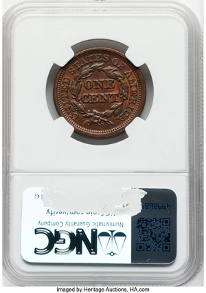 image for: 1848 1C N-10, R.3, MS63 Brown NGC. Mintage 6,415,799....